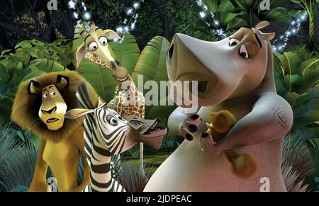 LION,ZEBRA,GIRAFFE,HIPPO, MADAGASCAR, 2005 Stock Photo