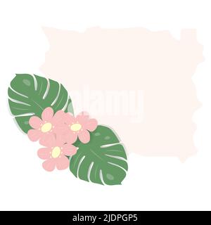 Abstract rectangular frame with an image of flowers in pink trendy colors and exotic monstera leaves. Copyspace. Template for poster, postcard, greeting card, price tag. Lifestyle. Stock Vector