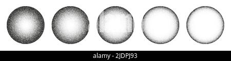 Circle noise texture dotwork grain 3D sphere planet dot vector halftone background, grunge grainy round spray Stock Vector