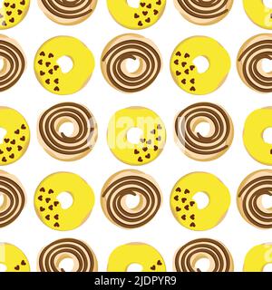 Pattern with chocolate and lemon donuts. Vector illustration. For menus, cafes, flyers, printing and packaging, shops and markets, holidays. Stock Vector
