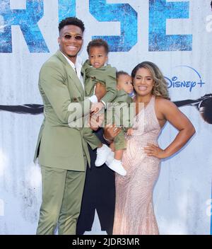 Burbank, USA. 22nd June, 2022. Giannis Antetokounmpo, Liam Charles Antetokounmpo, Maverick Shai Antetokounmpo, Mariah Riddlesprigger arrives at The Disney RISE Premiere held at Disney Studios in Burbank, CA on Wednesday June 22, 2022. (Photo By Juan Pablo Rico/Sipa USA) Credit: Sipa USA/Alamy Live News Stock Photo