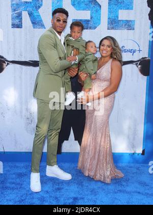 Burbank, USA. 22nd June, 2022. Giannis Antetokounmpo, Liam Charles Antetokounmpo, Maverick Shai Antetokounmpo, Mariah Riddlesprigger arrives at The Disney RISE Premiere held at Disney Studios in Burbank, CA on Wednesday June 22, 2022. (Photo By Juan Pablo Rico/Sipa USA) Credit: Sipa USA/Alamy Live News Stock Photo