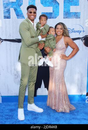 Burbank, USA. 22nd June, 2022. Giannis Antetokounmpo, Liam Charles Antetokounmpo, Maverick Shai Antetokounmpo, Mariah Riddlesprigger arrives at The Disney RISE Premiere held at Disney Studios in Burbank, CA on Wednesday June 22, 2022. (Photo By Juan Pablo Rico/Sipa USA) Credit: Sipa USA/Alamy Live News Stock Photo