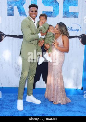 Burbank, USA. 22nd June, 2022. Giannis Antetokounmpo, Liam Charles Antetokounmpo, Maverick Shai Antetokounmpo, Mariah Riddlesprigger arrives at The Disney RISE Premiere held at Disney Studios in Burbank, CA on Wednesday June 22, 2022. (Photo By Juan Pablo Rico/Sipa USA) Credit: Sipa USA/Alamy Live News Stock Photo