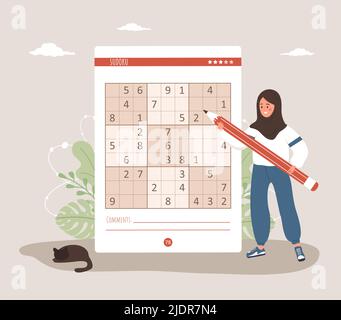 Sudoku game. Arabian woman with giant pencil solves crossword puzzle. Learning and leisure concept. Task for development of logical thinking and Stock Vector