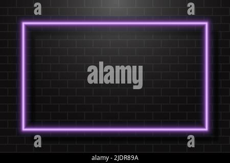 Neon Glowing Rectangle Frame for Banner on Dark Empty Grunge Brick Background Stock Vector