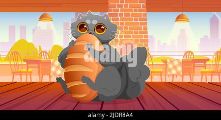 Cute cat eat bread sitting on wooden table in bakery. Vector cartoon illustration of cafe interior with brick stove, tables, chairs and fluffy gray kitten with bun. Funny pet with bread loaf Stock Vector