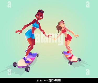 Happy girls riding on skateboard. Vector cartoon isolated illustration of summer leisure, young african american and caucasian women skater on longboard, girlfriends together on vacation Stock Vector