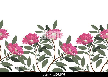 Vector floral seamless pattern, border. Horizontal panoramic design with pink flowers and green leaves on a white background. Stock Vector