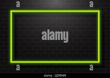 Neon Glowing Rectangle Frame for Banner on Dark Empty Grunge Brick Background Stock Vector