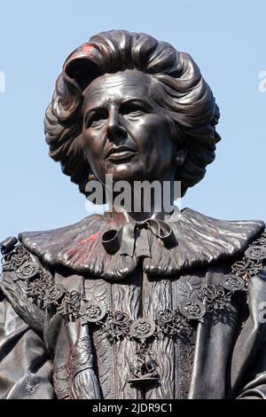 Statue of previous Conservative Prime Minister Margaret Thatcher recently unveiled on May 31st 2022 in her home town of Grantham, Lincolnshire. The £300,000 3.2M high statue was designed, commissioned and gifted to Grantham by Ivan Saxton, and created by sculptor Douglas Jennings. It had previously been erected on May 15th 2022, where it had been egged. Later red paint was thrown over it, some still remains weeks later, and can be seen in the photographs. Credit: Stephen Bell/Alamy Stock Photo