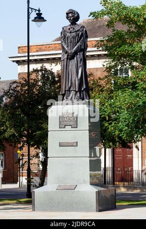 Statue of previous Conservative Prime Minister Margaret Thatcher recently unveiled on May 31st 2022 in her home town of Grantham, Lincolnshire. The £300,000 3.2M high statue was designed, commissioned and gifted to Grantham by Ivan Saxton, and created by sculptor Douglas Jennings. It had previously been erected on May 15th 2022, where it had been egged. Later red paint was thrown over it, some still remains weeks later, and can be seen in the photographs. Credit: Stephen Bell/Alamy Stock Photo