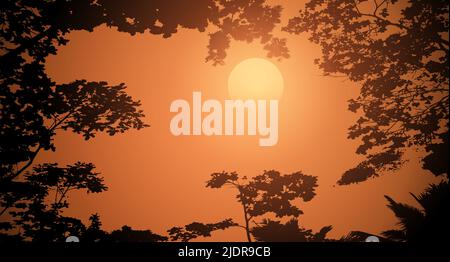 Sunset in the forest, beautiful landscape, big sun, forest silhouette. Vector illustration Stock Vector