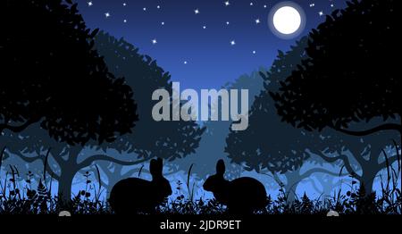 Vector silhouette of rabbits in nature at night. Vector illustration Stock Vector