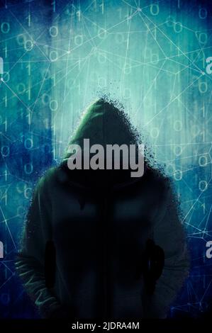hooded man with binary digits, computer hacker and hacking concept Stock Photo