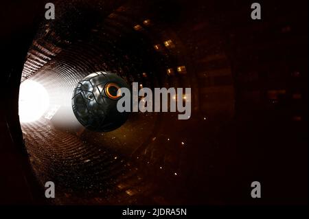 mysterious alien tunnel and  a sphere moving across it Stock Photo