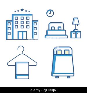 Hotel set icon. Contains such icons as hotel building, bedroom, towel, bed. Two tone icon style. Simple design editable Stock Vector