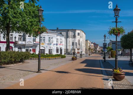 Warszawska Street in city of Ciechanow, Poland. Main pedestrian boulevard in the city center. Stock Photo