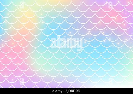 Holographic rainbow background with mermaid scales. A pattern with a tail on a gradient. Marine underwater pattern. Vector Stock Vector
