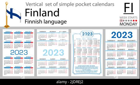 Finnish vertical pocket calendar for 2023 (two thousand twenty three). Week starts Monday. New year. Color simple design. Vector Stock Vector