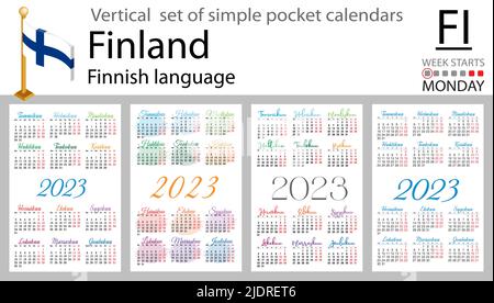 Finnish vertical pocket calendar for 2023 (two thousand twenty three). Week starts Monday. New year. Color simple design. Vector Stock Vector