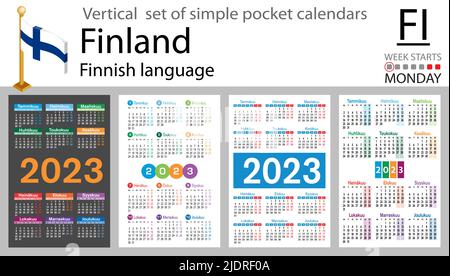 Finnish vertical pocket calendar for 2023 (two thousand twenty three). Week starts Monday. New year. Color simple design. Vector Stock Vector