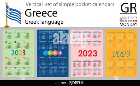 Greek vertical pocket calendar for 2023 (two thousand twenty three). Week starts Monday. New year. Color simple design. Vector Stock Vector