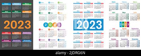 Spanish vertical pocket calendar for 2023 (two thousand twenty three). Week starts Monday. New year. Color simple design. Vector Stock Vector