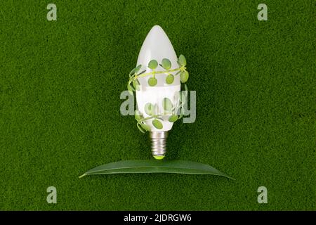 Energy saving lightbulb with green leaves on grass background, flat lay. Save energy concept. Space for text Stock Photo
