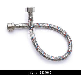 Top view of single braided flexible water hose isolated on white Stock Photo
