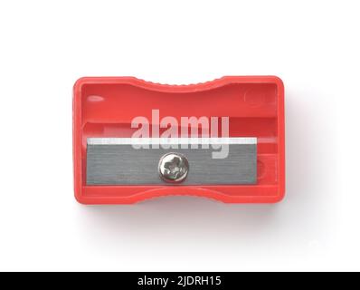 Top view of red plastic pencil sharpener isolated on white Stock Photo