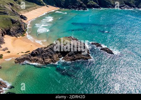 Aerial view of the Murder Hole beach, officially called Boyeghether Bay in County Donegal, Ireland. Stock Photo