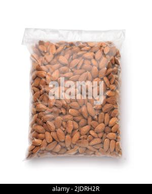 Top view of almond nuts in clear plastic bag isolated on white Stock Photo