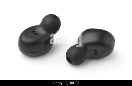 Pair of black true wireless TWS earbuds isolated on white Stock Photo