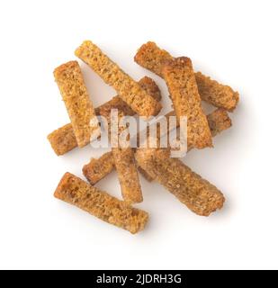 Top view of homemade roasted rye rusk sticks isolated on white Stock Photo