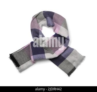Top view of gray plaid wool scarf isolated on white Stock Photo