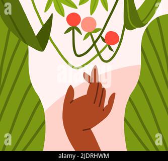 Hand drawn vector abstract modern graphic,clipart illustration of person hand picking berries in tropical nature with abstract shapes,leaves,flowers Stock Vector