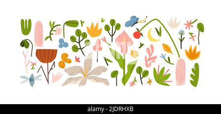 Hand drawn vector abstract graphic clipart illustrations collection set of composition with abstract boho nature shapes of blossom flowers and Stock Vector