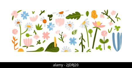 Hand drawn vector abstract graphic clipart illustrations collection set of composition with abstract boho nature shapes of blossom flowers,leaves and Stock Vector