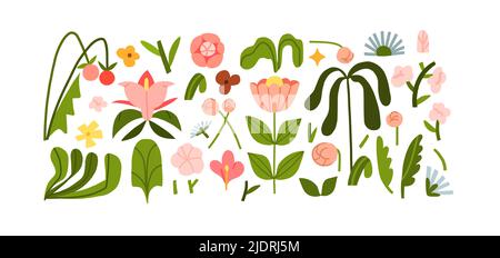 Hand drawn vector abstract graphic clipart illustrations collection set of composition with abstract boho nature shapes of blossom flowers and Stock Vector