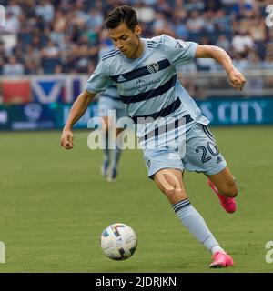 Kansas City, Kansas, USA. 22nd June, 2022. Sporting KC forward Daniel Salloi #20 carries the offense during the first half of the game. (Credit Image: © Serena S.Y. Hsu/ZUMA Press Wire) Stock Photo