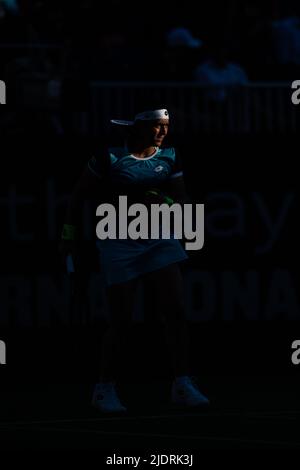 EASTBOURNE, ENGLAND - JUNE 22: Ons Jabeur of Tunisia against Shuko Aoyama of Japan and Hao-Ching Chan of Chinese Taipei on Day Five of Rothesay International Eastbourne at Devonshire Park on June 22, 2022 in Eastbourne, England. (Photo by Sebastian Frej Credit: Sebo47/Alamy Live News Stock Photo
