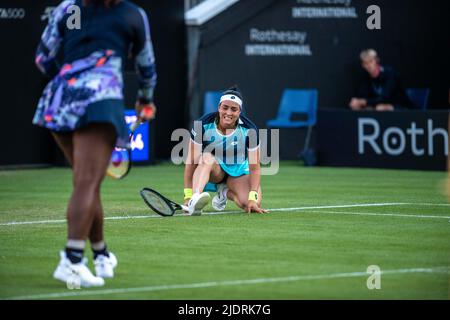 EASTBOURNE, ENGLAND - JUNE 22: Ons Jabeur of Tunisia injured against Shuko Aoyama of Japan and Hao-Ching Chan of Chinese Taipei on Day Five of Rothesay International Eastbourne at Devonshire Park on June 22, 2022 in Eastbourne, England. (Photo by Sebastian Frej) Credit: Sebo47/Alamy Live News Stock Photo