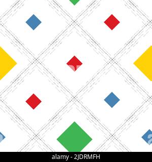 Bauhaus style diagonal vector grid with grunge textured brush strokes and Mondrian colored rhombus squares. Seamless trellis criss cross background Stock Vector