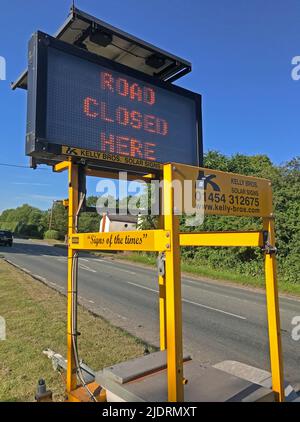 Road Closed Here Solar Sign on the A49 road to Northwich from