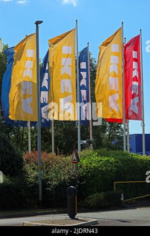 IKEA flags flying in the summer sun, Warrington store at 910 Europa Blvd, Westbrook, Warrington WA5 7TY Stock Photo