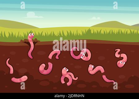 Worms in ground. Sliced view for a ground with creeping crawlers in action poses exact vector cartoon background Stock Vector