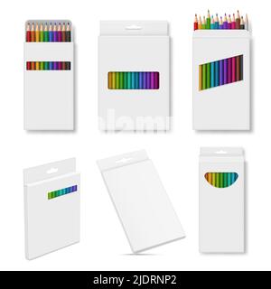 Cases for pencils. Cardboard package for colored pencils geometrical boxes decent vector illustration in realistic style Stock Vector