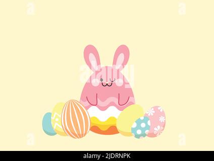 Easter celebration vector icon. Row of colorful painted eggs with a big easter bunny shaped egg in the middle. Cute easter bunny egg smiling Stock Vector