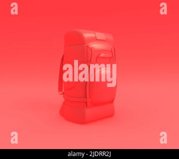 Red backpack on red background, monochrome style, 3D rendering. Stock Photo